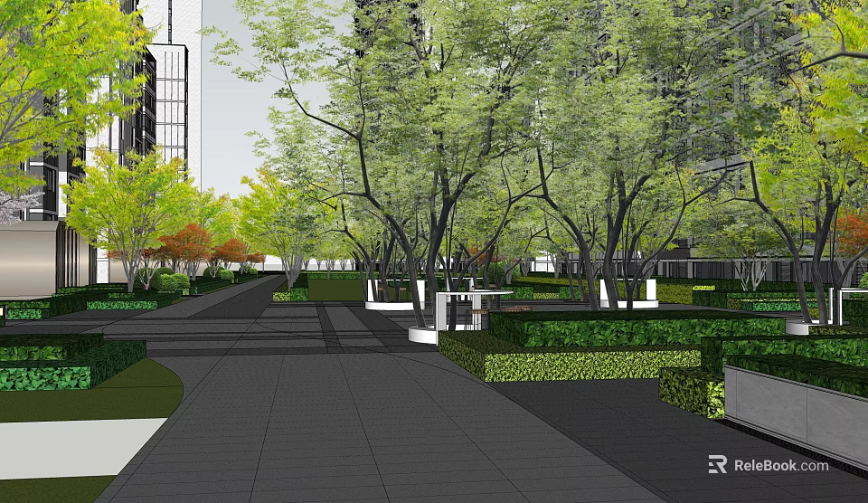 Urban Landscape Design With Lush Trees Greenery Pathway And Tall Buildings 3d model 