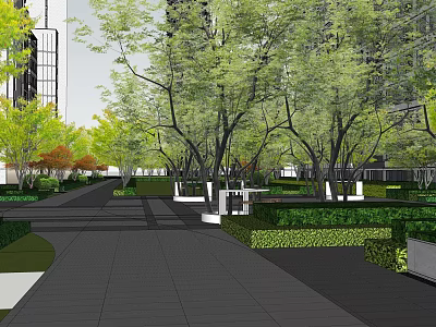 Urban Landscape Design With Lush Trees Greenery Pathway And Tall Buildings 3d model