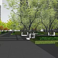 Urban Landscape Design With Lush Trees Greenery Pathway And Tall Buildings