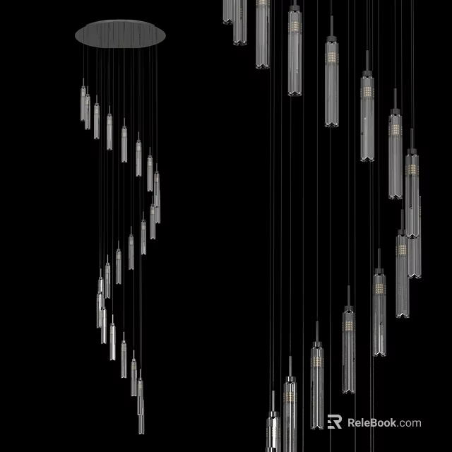 Modern Hanging Chandeliers With Sleek Metallic Glass Tubes On Black Background 3d model 