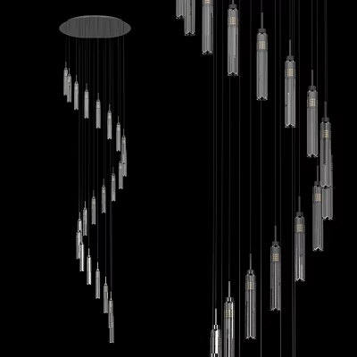 Modern Hanging Chandeliers With Sleek Metallic Glass Tubes On Black Background 3d model