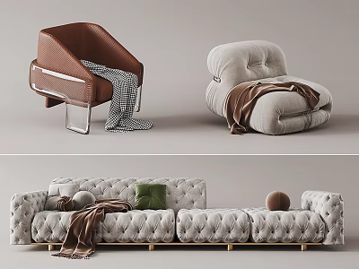 Modern Modular Sofa Set With Light Gray Fabric Green Cushions Brown Blanket And Golden Legs 3d model