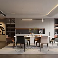 Modern Restaurant Interior With Dining Table Chairs Pendant Lights Artwork And Rug