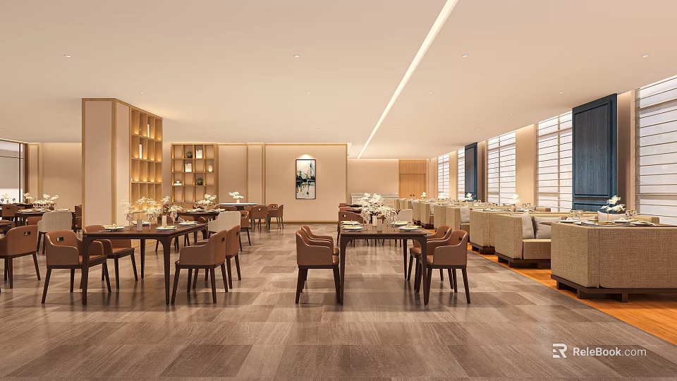Spacious Bright Restaurant Interior With Wooden Flooring Tables Chairs And Large Windows 3d model 