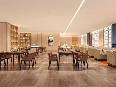 Spacious Bright Restaurant Interior With Wooden Flooring Tables Chairs And Large Windows 3d model