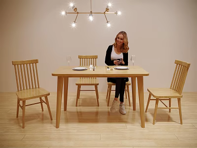 Wooden Dining Table Set With Four Chairs Hanging Light And Tableware In Dining Room 3d model