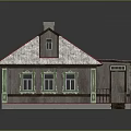 Wooden House With Gray Roof Red Trim Green Accents Windows Porch And Chimney
