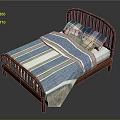 Wooden Bed Furniture With Blue And White Striped Quilt And Plaid Pillows