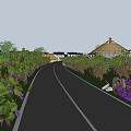 Scenic Country Road Lined with Grape Vines Bearing Purple Grapes and Distant Yurt Shaped Building