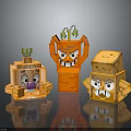 Minecraft Blocky Characters And Creatures With Orange Red Yellow Facial Expressions And Green Plant Decorations