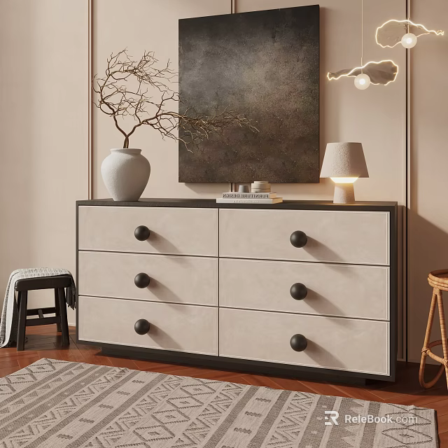 Modern Wooden Dresser Featuring Black Knobs Light Drawers Vase Artwork and Table Lamp Decor 3d model