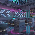 Modern Bar Interior With Neon Lights Bar Counter Black Stools Drinks Shelves And Green Plants
