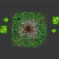 Garden Ornament with Burning Fire Pit Lush Green Plants and Stone Slab Surroundings