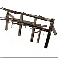 Weathered Rustic Wooden Structure With Crossed Planks And Red Accents