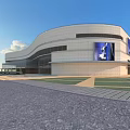 Modern Commercial Complex With Streamlined Glass Facade And Front Parking Area