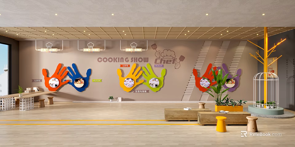 Cooking Show Chef Background Wall With Colorful Palm Shaped Decorations For Kitchen 3d model 