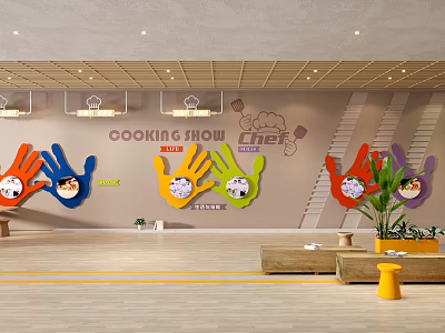 Cooking Show Chef Background Wall With Colorful Palm Shaped Decorations For Kitchen 3d model