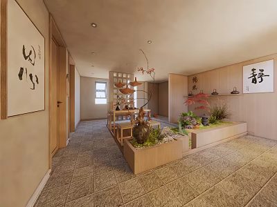 Traditional Teahouse Interior With Wooden Furniture Green Plants And Calligraphy Artwork 3d model