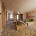 Traditional Teahouse Interior With Wooden Furniture Green Plants And Calligraphy Artwork