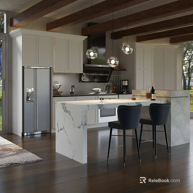 Modern Kitchen Interior Design With White Cabinets Marble Island And Stainless Steel Refrigerator 3d model 