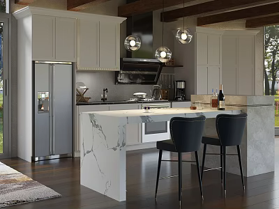 Modern Kitchen Interior Design With White Cabinets Marble Island And Stainless Steel Refrigerator 3d model
