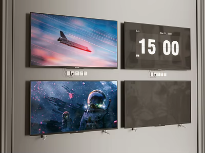 Wall Mounted Televisions Displaying Airplane Scene Digital Clock Astronaut And Space Imagery 3d model