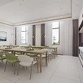 Bright Modern Restaurant Interior With Wooden Tables Green White Chairs And Wall Paintings