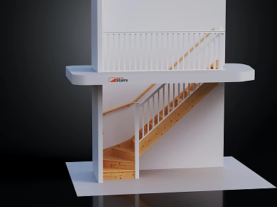Modern Staircase with Wooden Steps White Railing and Upper Platform in Minimalist Design 3d model