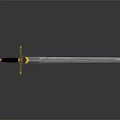Medieval Sword With Golden Hilt Cross Guard And Silver Shiny Blade On Dark Background