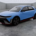 Blue Compact Hatchback With Modern Design Black Alloy Wheels Red Trim Accents And Minimalist Interior Background