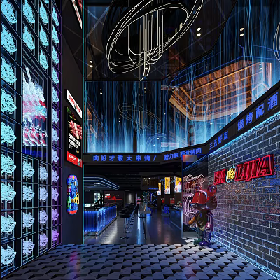 Modern Restaurant Interior With Blue Lighting Neon Signs Brick Walls And Hanging Decorations 3d model