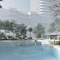Modern High rise Office Building With Glass Curtain Wall Greenery Pedestrians And Signage