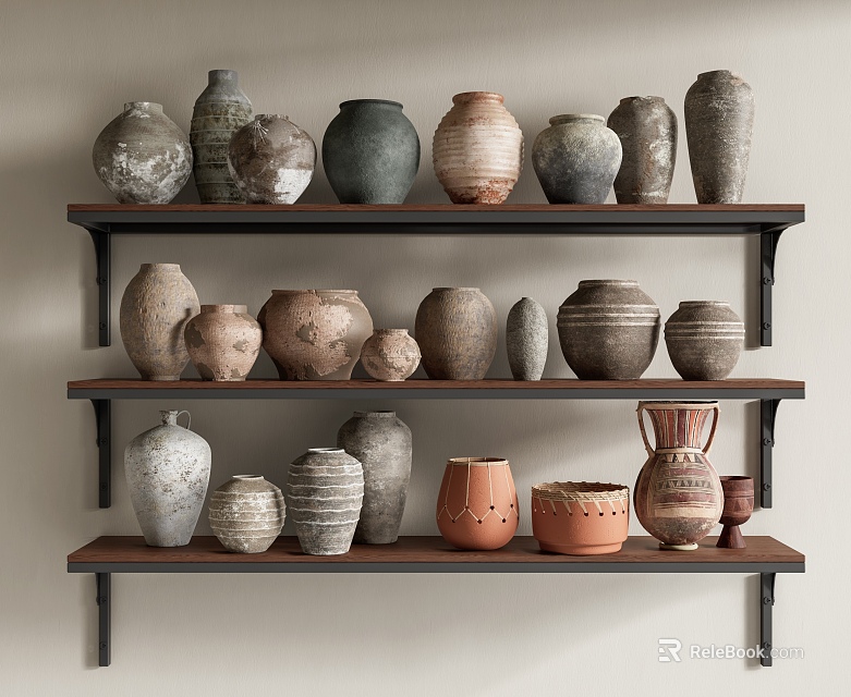 Ceramic Vessels in Various Shapes and Earthy Tones Displayed on Wooden Shelves 3d model 