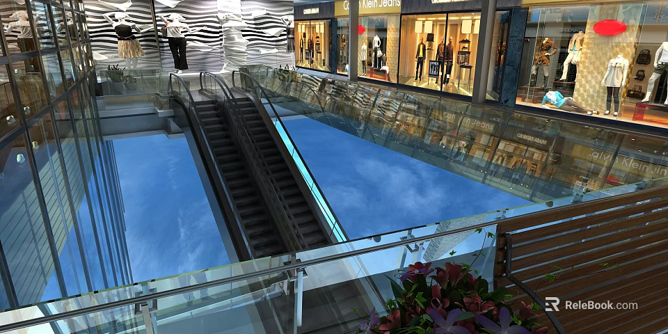 Modern Escalator In Shopping Mall Featuring Glass Railing And Surrounding Retail Shops 3d model 