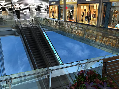 Modern Escalator In Shopping Mall Featuring Glass Railing And Surrounding Retail Shops 3d model