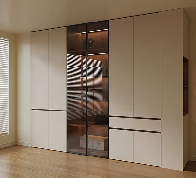 Modern Wardrobe Interior Design With Glass Door White Finish And Wooden Floor 3d model