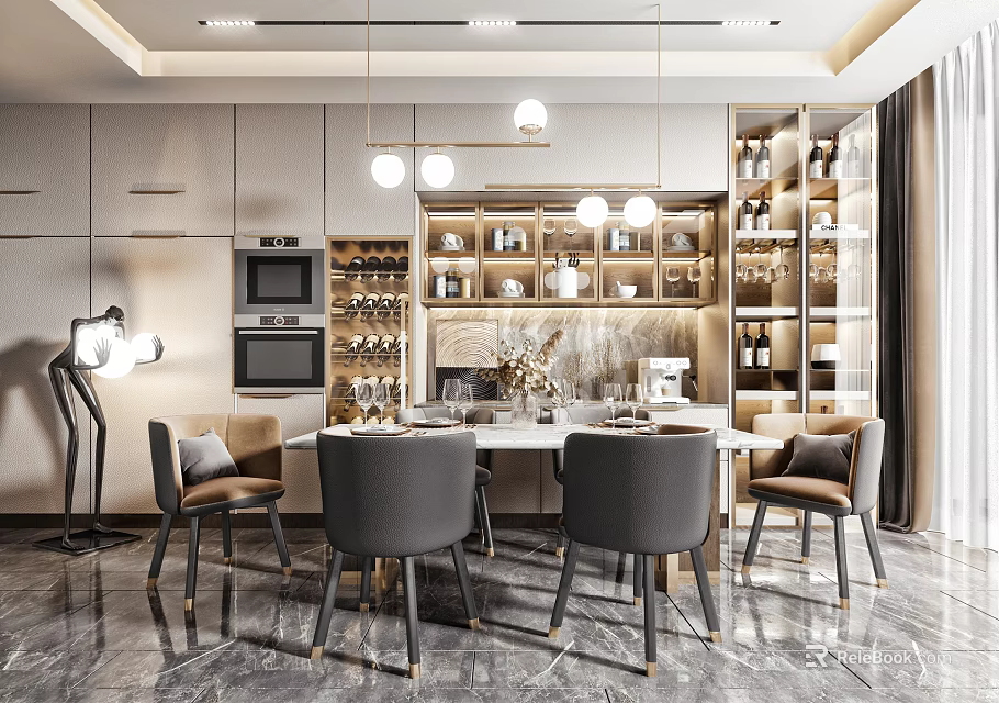 Modern Restaurant Interior Design With Dining Table Chairs Pendant Lights And Sideboard Cabinet 3d model