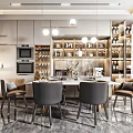 Modern Restaurant Interior Design With Dining Table Chairs Pendant Lights And Sideboard Cabinet 3d model