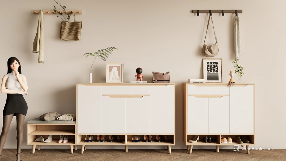 Modern Shoe Cabinet Design With Organized Shoes Wall Hooks Hanging Bags And Plants 3d model 