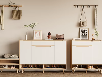Modern Shoe Cabinet Design With Organized Shoes Wall Hooks Hanging Bags And Plants 3d model