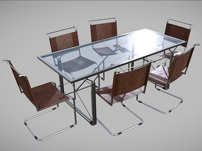 Modern Glass Top Dining Table And Chairs Set With Brown Seats And Metal Frame 3d model