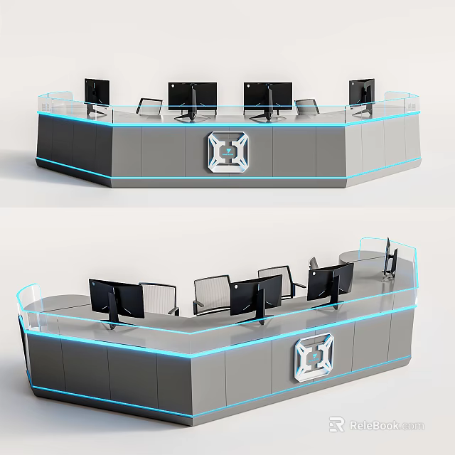 Modern Office Desk Setup With Multiple Monitors Chairs And Curved Lighting Design 3d model
