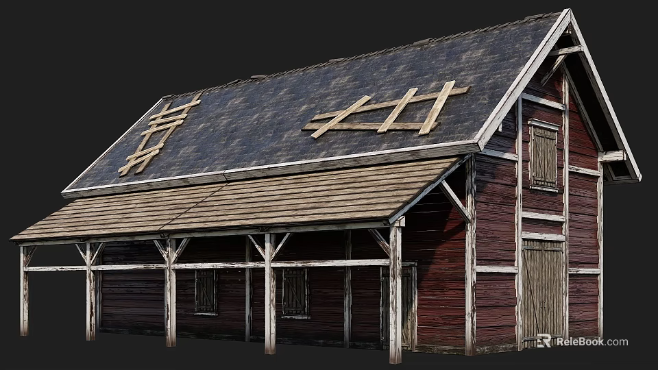 Red Wooden Barn Structure With Black Shingle Roof And Wooden Frames On Porch 3d model 