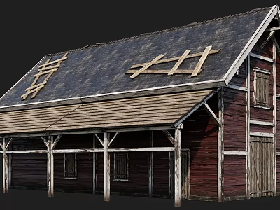 Red Wooden Barn Structure With Black Shingle Roof And Wooden Frames On Porch 3d model