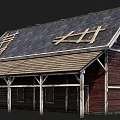 Red Wooden Barn Structure With Black Shingle Roof And Wooden Frames On Porch