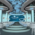 Blue Themed Banquet Hall With Luxurious Ceiling Decor Stage And Round Tables