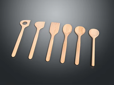 Six Wooden Spoons With Various Shapes Arranged On Dark Background For Kitchen Use 3d model