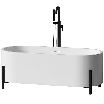 Modern White Oval Freestanding Bathtub With Black Metal Legs And Shower Faucet 3d model