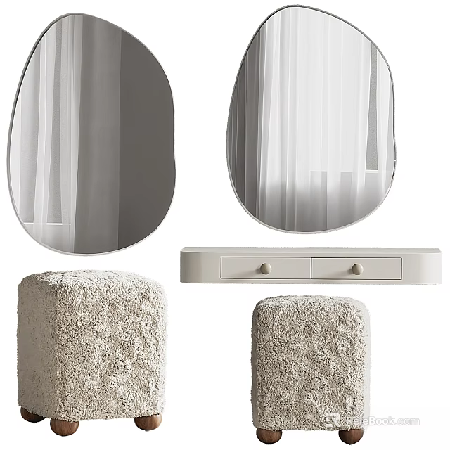 Elegant White Dressing Table with Oval Mirrors and Two Fluffy Stools 3d model 