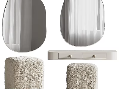 Elegant White Dressing Table with Oval Mirrors and Two Fluffy Stools 3d model